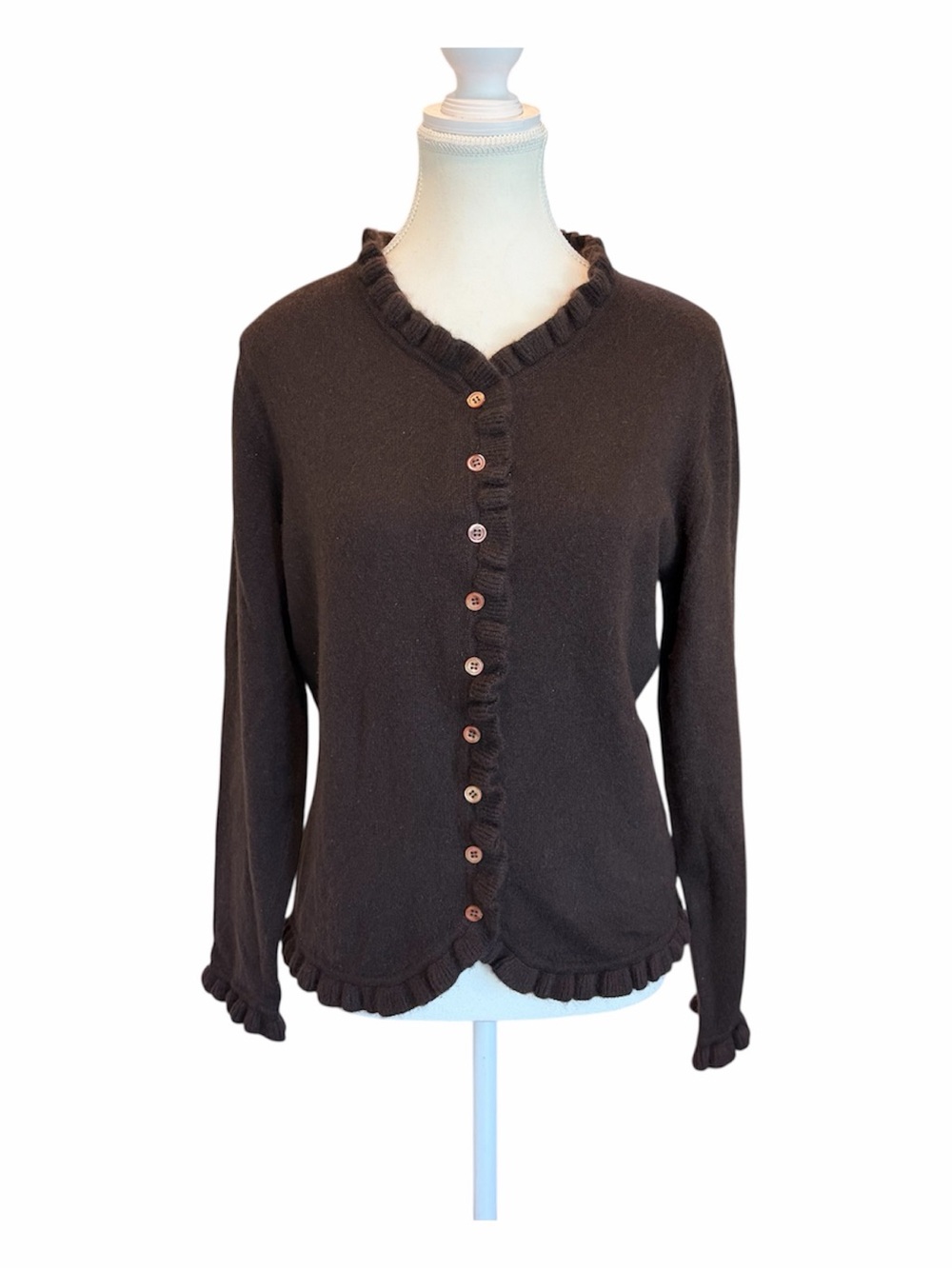 Pure Collection Cashmere Sz 14 Brown Ruffle Trim Edge Cardigan Sweater View 2